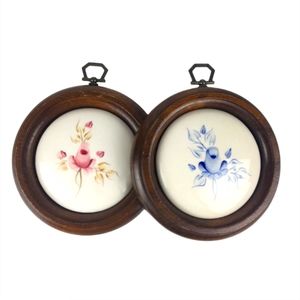 2-Small Vintage Hand Painted Floral Wall Art Plaques